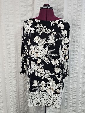 J.JILL WEAREVER BOAT NECK 3/4 SLEEVE TUNIC BLACK WHITE TAN Boho